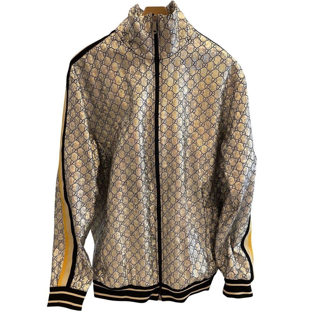 Gucci Monogram Metallic Gold Full-Zip Track Jacket With Striped Sleeves